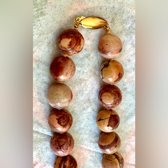 Picture (or zebra) jasper 12mm beaded necklace 18” w/ 14K gold clasp - Picture 5 of 7